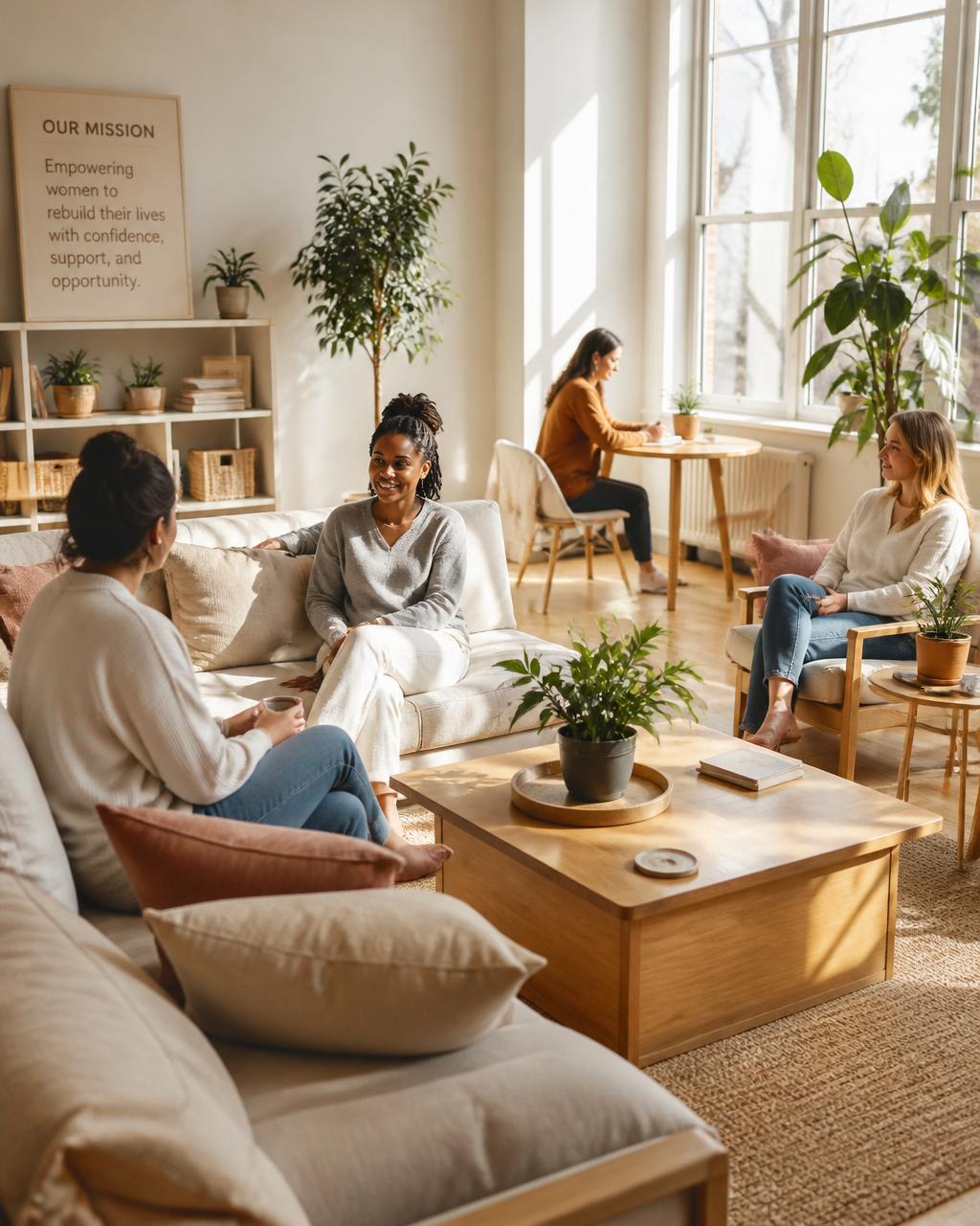 Sunlit communal living room at the Success & Serenity residence